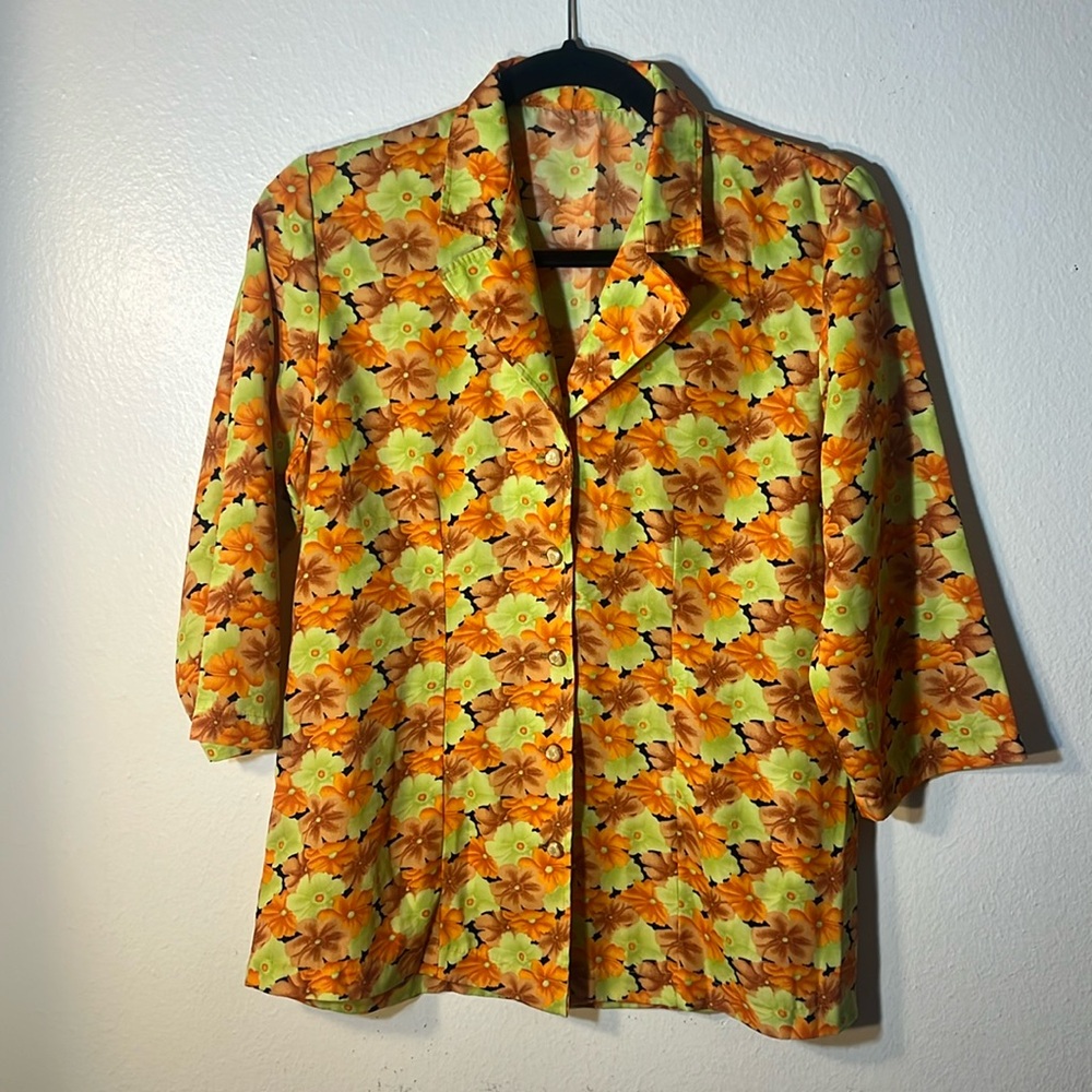70s Vintage Handmade Green Orange Floral 3/4 Sleeve Button Up Shirt Medium